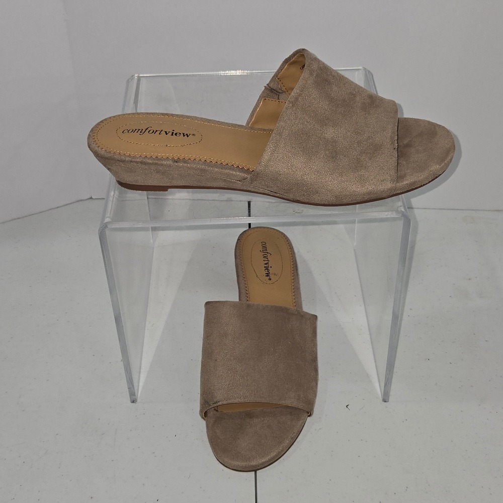 Comfortview Capri Taupe Suede Wedge Sandals Womens Size 9M Open Toe Slides 06083